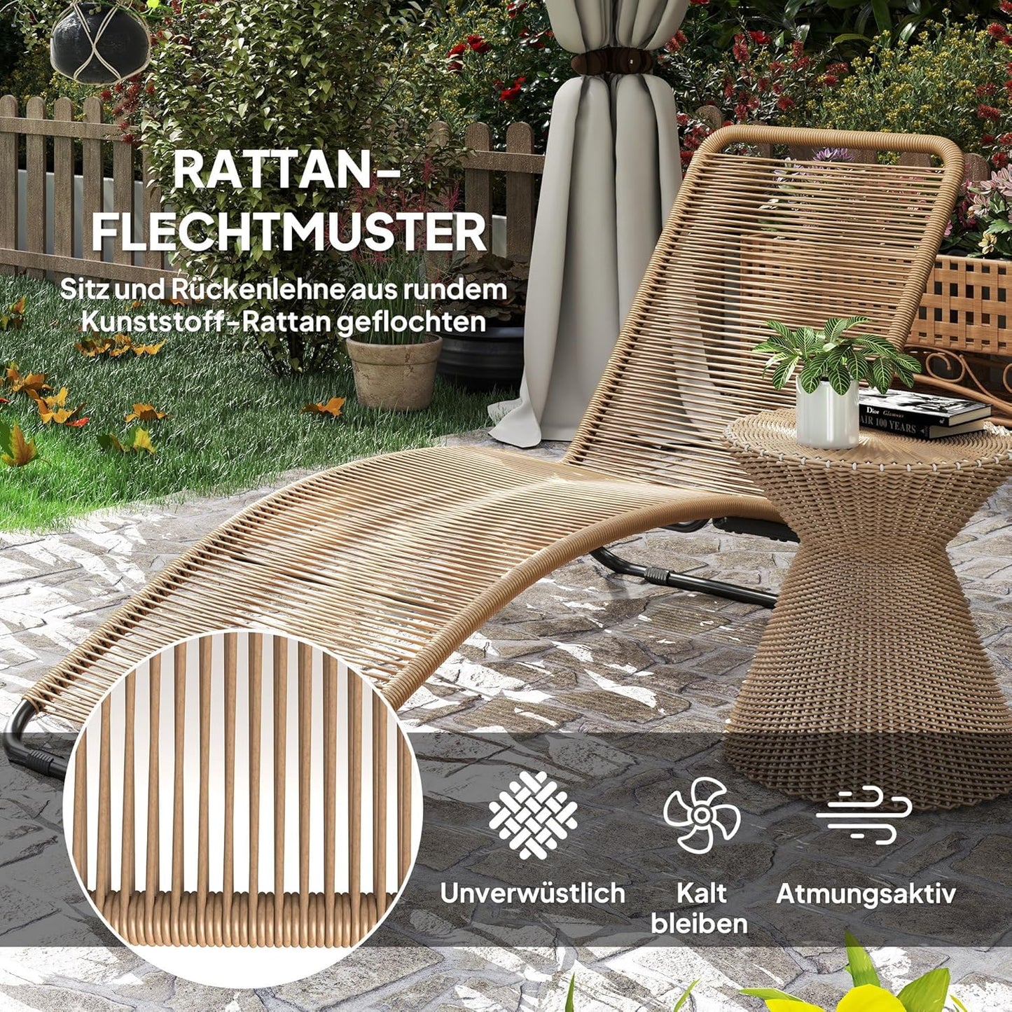 Ligbed – Ligstoel – Zonnebed – Relaxstoel – Loungestoel – Polyrotan – Stalen Frame – 120 kg Belastbaar – Natuurlijk Houtlook