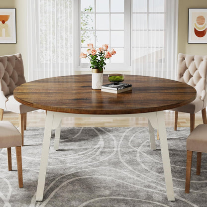 Tribesigns 120 cm ronde eettafel voor 4-6 personen, keukentafel met massief houten poten voor woonkamer, keuken, eetkamer, wit en rustiek bruin