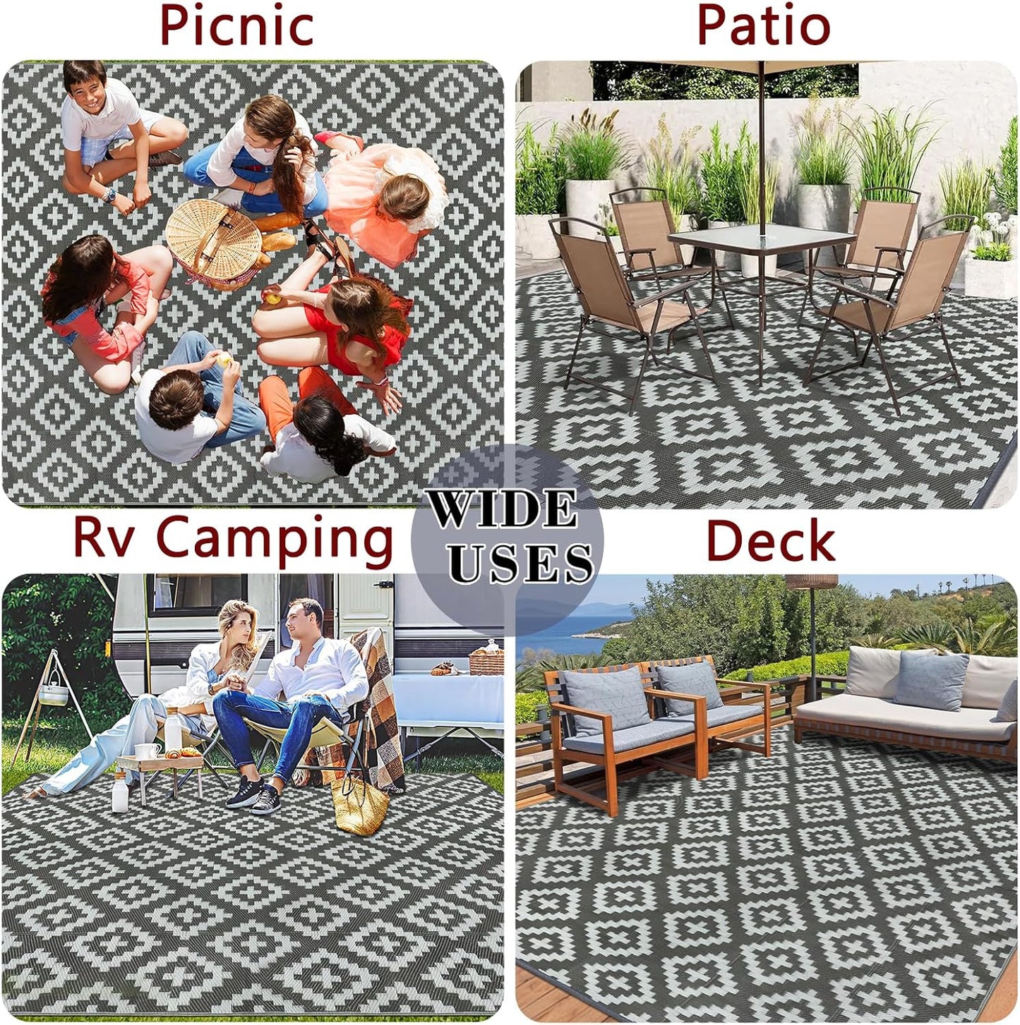 Buiten Vloerkleed - Buitenkleden - Buitentapijt - Opvouwbaar - UV-bestendig - Waterdicht - Buitenmatten - voor Buiten - Balkon - Strand - Picknick -Terras - Rechthoekig -  270 x 365 cm - Grijs