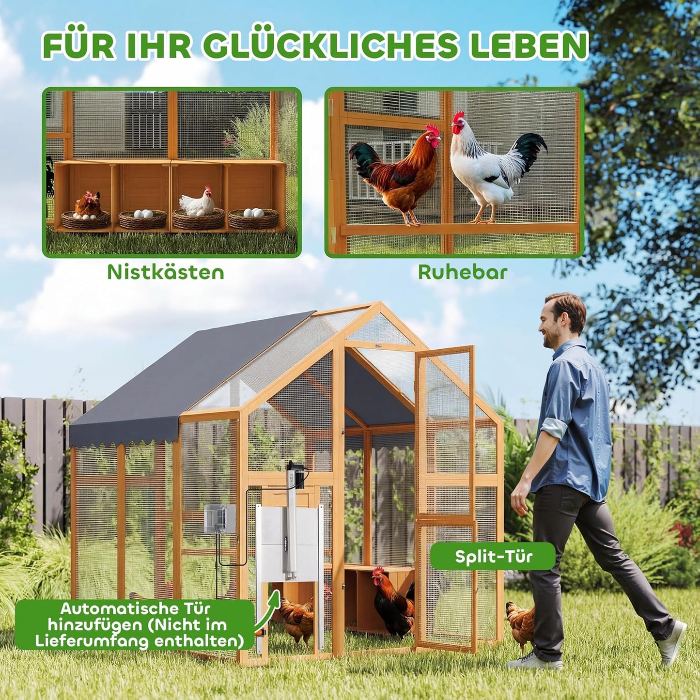 PawHut Chicken Coop 3.07㎡ 1.7 x 1.8 x 1.8m Outdoor Enclosure Wood with Waterproof Cover, Security Lock, Double Door, 2 Laying Nests, 2 Perches, Suitable for 6-8 Chickens, Ducks, Geese, Rabbits - QUORE