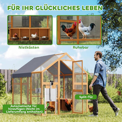 PawHut Chicken Coop 3.07㎡ 1.7 x 1.8 x 1.8m Outdoor Enclosure Wood with Waterproof Cover, Security Lock, Double Door, 2 Laying Nests, 2 Perches, Suitable for 6-8 Chickens, Ducks, Geese, Rabbits - QUORE