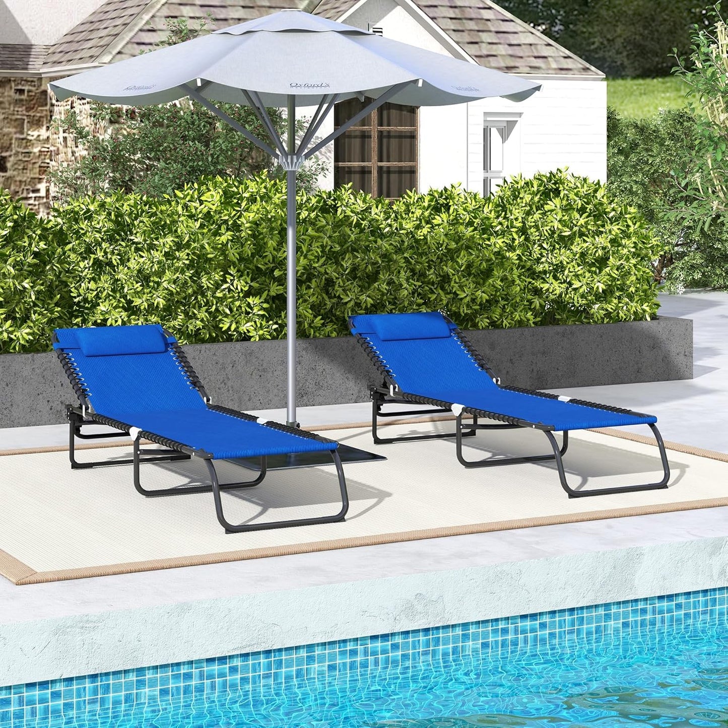 Outsunny 2 Piece Folding Sun Loungers, Outdoor 4 Levels Adjustable Backrest Reclining Chaise Chairs, Steel Frame Recliner for Camping, Hiking, Navy Blue - QUORE