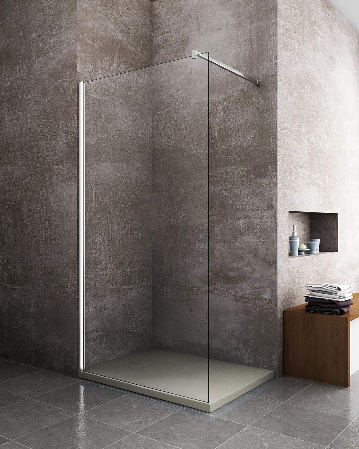 Laneri douchewand van SMC met doucheafvoer, motief leisteen, taupe, 70 x 120 cm
