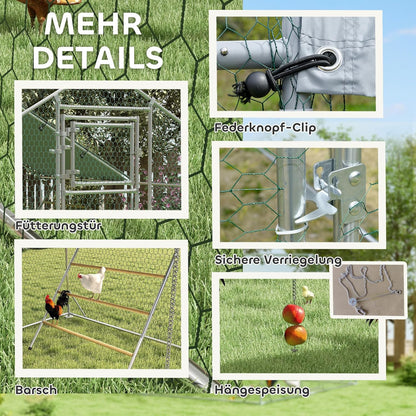 PawHut Hühnerstall Freilaufgehege aus Stahl, 300 x 400 x 195 cm Hühnerkäfig mit UV-beständiger Abdeckung, Futtertür, Hängefütterung, Sitzstange, Hühnergehege für 12-18 Hühner, Kleintiererererung - QUORE