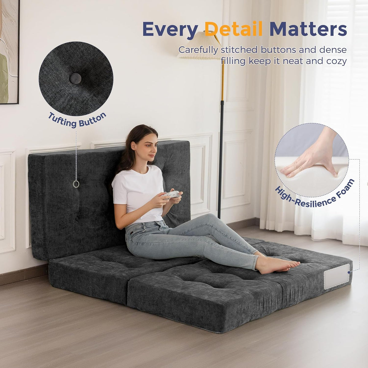 MAXYOYO Opvouwbare Matras Eenpersoons, 15 cm Comfortabele Opvouwbare Matras Met Chenille-Stof, Driekwijd Vloer Futon Bank Bed Voor Gast, Vouwmatras Topper Voor Camping, Grijs, Enkel