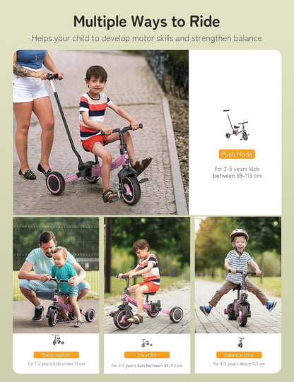 besrey 7-in-1 driewieler voor peuters met stuurgreep, voor 1-5 jaar, opvouwbare wielen, peuterfiets met wielkoppeling, grotere wielen, afneembare pedalen, in hoogte verstelbare zitting, roze