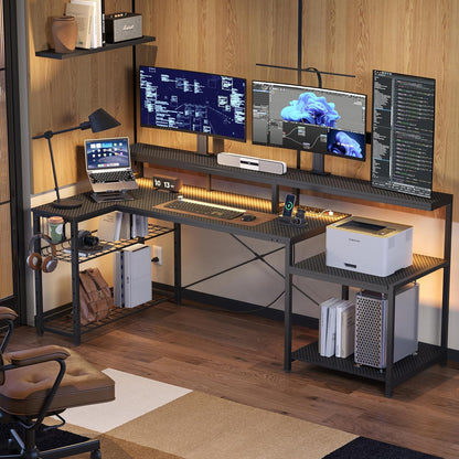 Bestier Gamingtafel, 181 cm, gamingbureau met ledverlichting, pc-tafel, gaming met 3 AC-stopcontacten en 2 USB-oplaadaansluitingen, computertafel met royale monitorplank