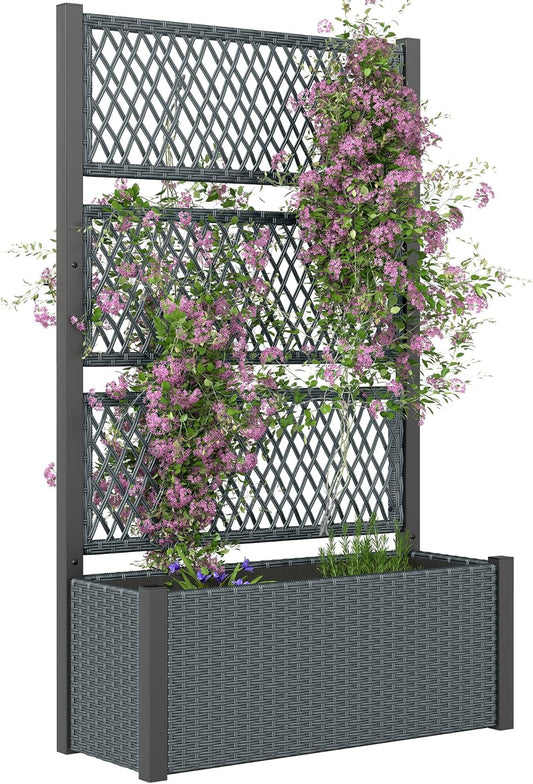 Verhoogde Plantenbak – Plantenbak Met Klimrek – Bloembak – Tuinbak – Balkonbak – Donkergrijs – Weerbestendig Staal Met PE Rattan – Met Ademend Fleece En Afwatering - QUORE
