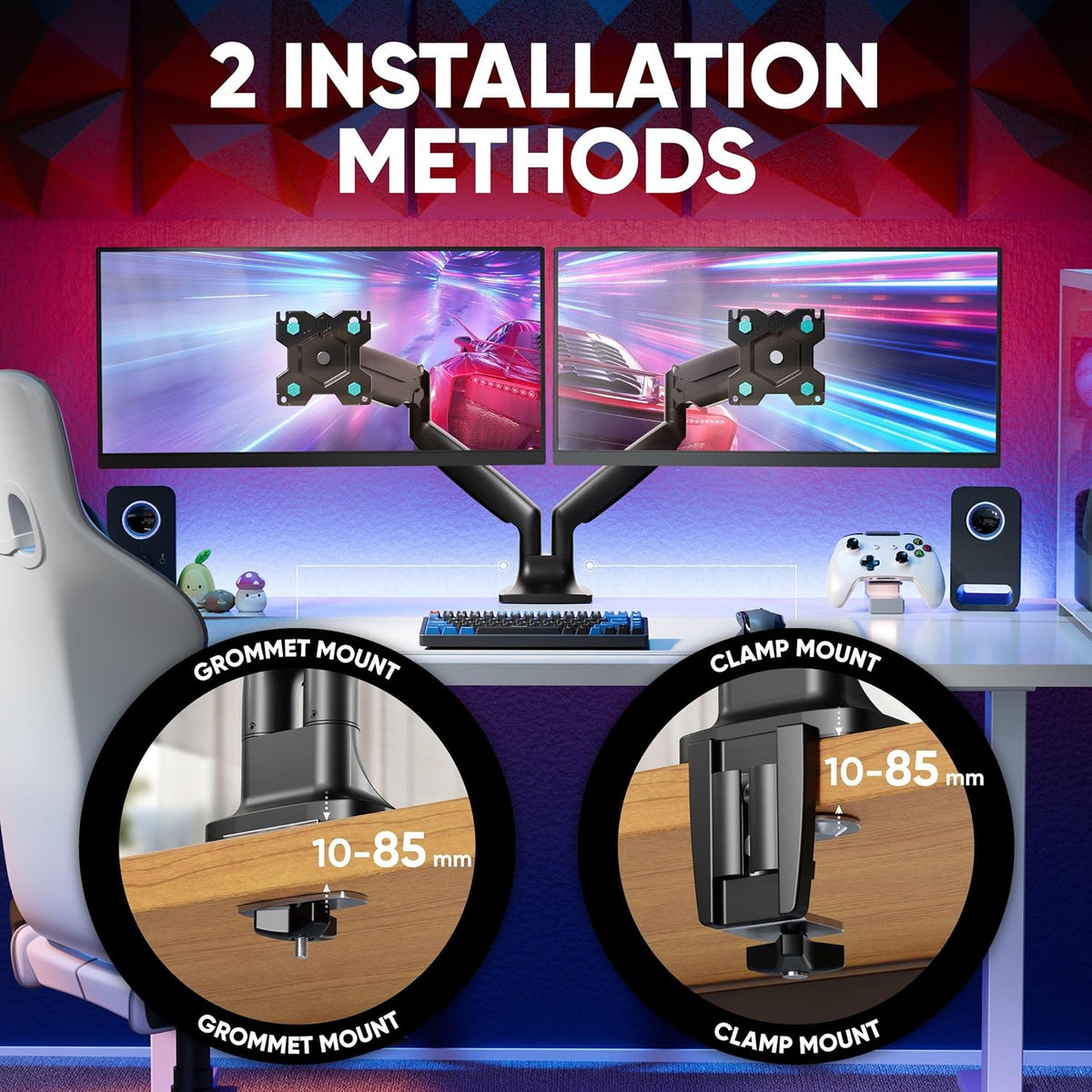 Dubbele monitorhouder Zwart – Monitorarm – Monitorbeugel – Beeldschermhouder – Monitor tafelhouder – Voor 2 schermen 13-32 inch, tot 9 kg per arm – VESA 75x75 & 100x100, Kantelbaar, Zwenkbaar en Draaibaar