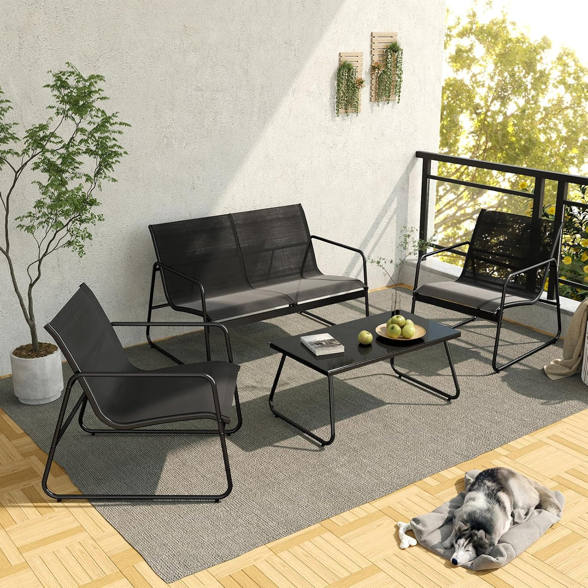 Grand patio Conversatiesets, 4-delig, tuintafel en stoelen, mesh sling Farbic, waterdicht, ademend, tuinmeubelsets voor buiten, achtertuin, zwembad (zwart)