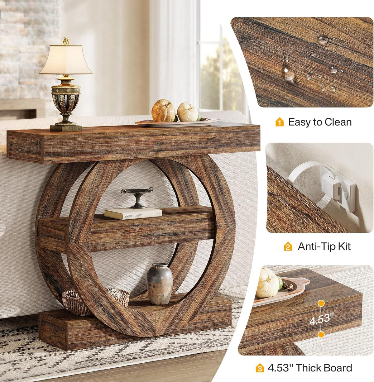 Tribesigns 100cm Entrance Table with Storage, 3 Tier Farm Console Table with Shelves, Wooden Foyer Tables for Entrance, Living Room, Hallway, Behind Sofa (Rustic Brown)