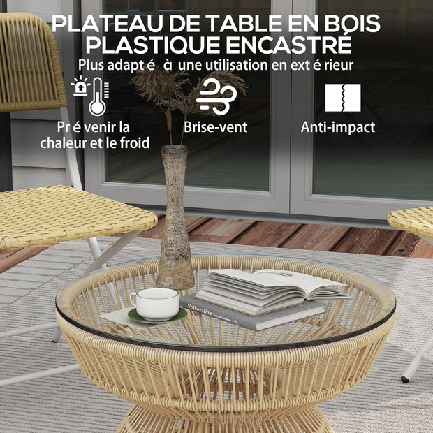 Tuintafel - Tuintafel Rond - Bijzettafeltje - Bistrotafel - Salontafel - Rotanlook - met  Dienblad van Gehard Glas - voor Terras - Tuin - Ø 60 x 37 cm - 	Natuurlijk Hout
