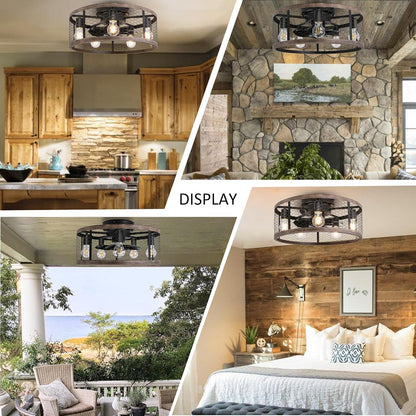 Ohniyou 20'' Flush Mount Caged Ceiling Fan with Lights Remote Control, Farmhouse Rustic Low Profile Small Vintage Enclosed Ceiling Fan Lighting Fixture Bedroom Dining Room
