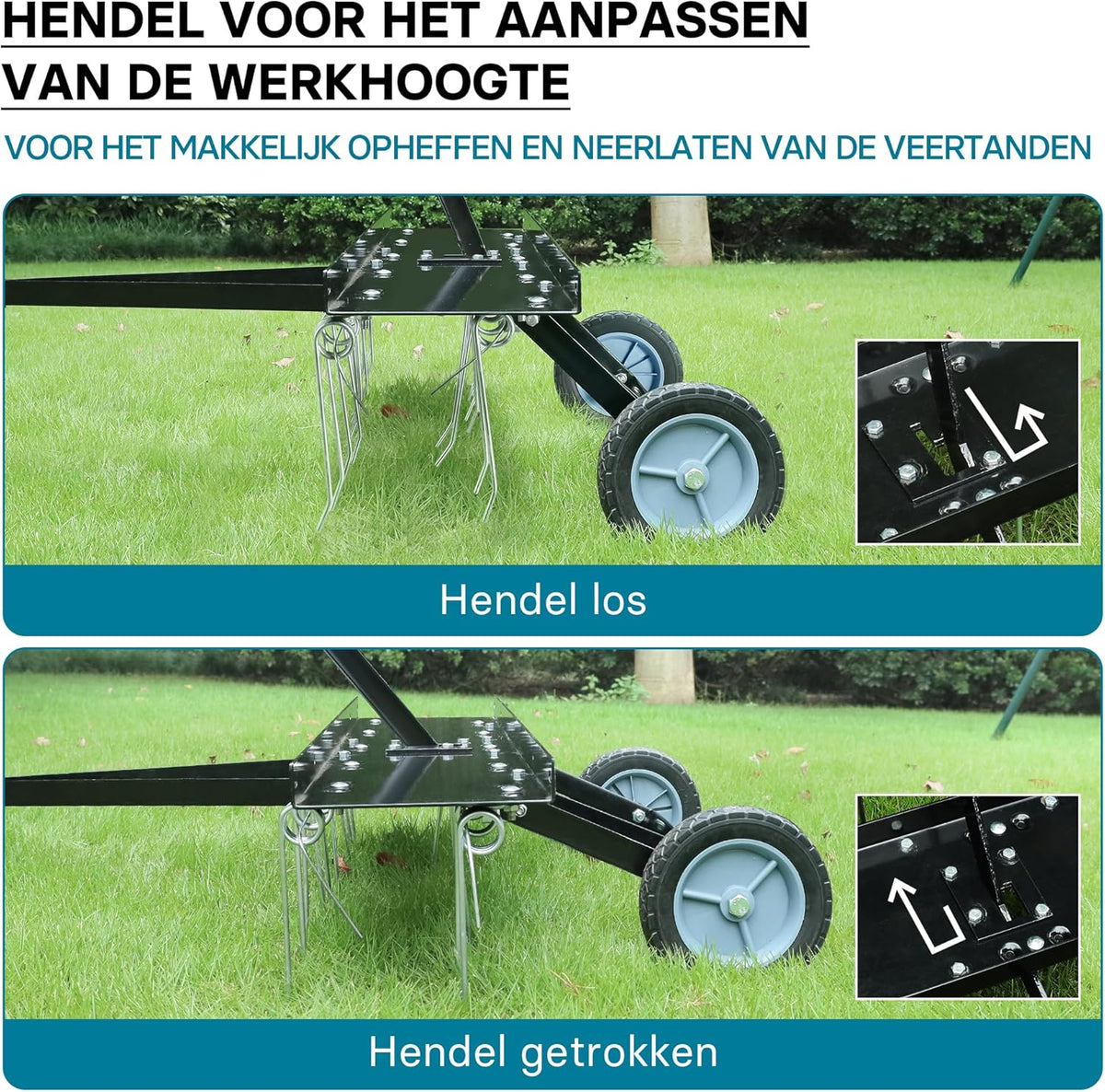 Wiltec verticuteermachine 100 cm voor zitmaaiers, gazonbeluchter met stalen veren en rubberen wielen voor gazontractoren, gazonverticuteermachine voor het beluchten van gazons en als mosverwijderaar