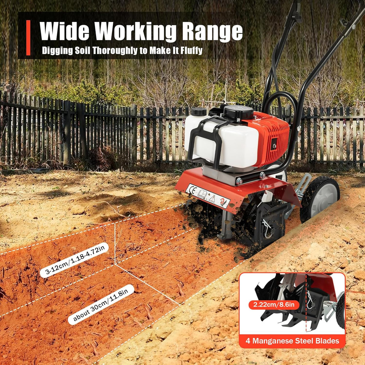 52CC 2-Stroke Garden Tiller, Petrol, 1.9 KW, Field Planter, Garden Cutter, Motor Chopper, 6500-7000 RPM, Petrol Cultivator, Motor Chop, Ground Cutter, Plow Cultivator, Field, Groove Pulling - QUORE