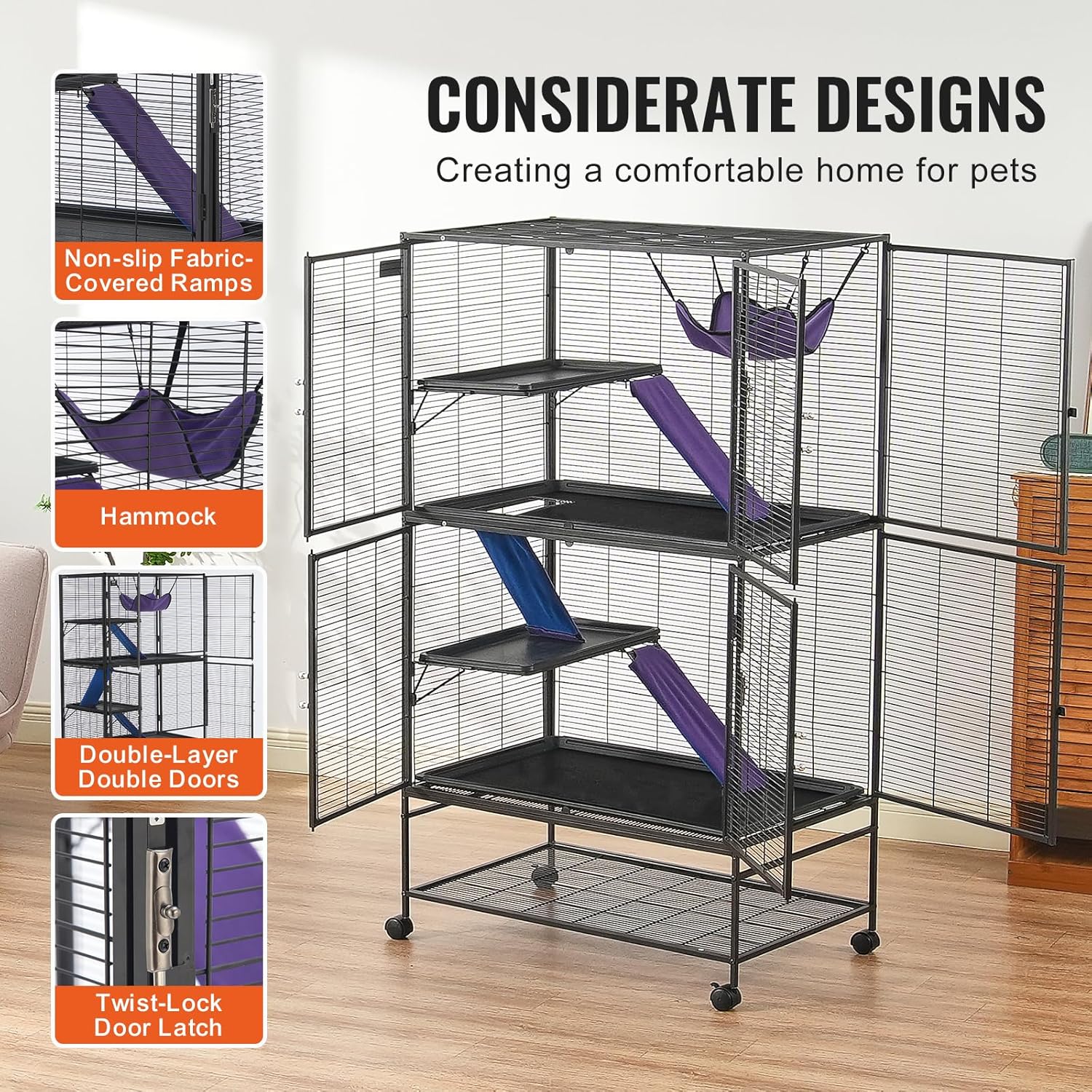 4-Laags Metalen Kooi Voor Fretten -  Geschikt Voor Ratten, Hamsters, Cavia's en Chinchilla's - 92 cm x 58 cm x 164 cm - QUORE