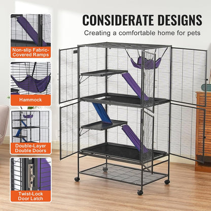 4-Laags Metalen Kooi Voor Fretten -  Geschikt Voor Ratten, Hamsters, Cavia's en Chinchilla's - 92 cm x 58 cm x 164 cm - QUORE