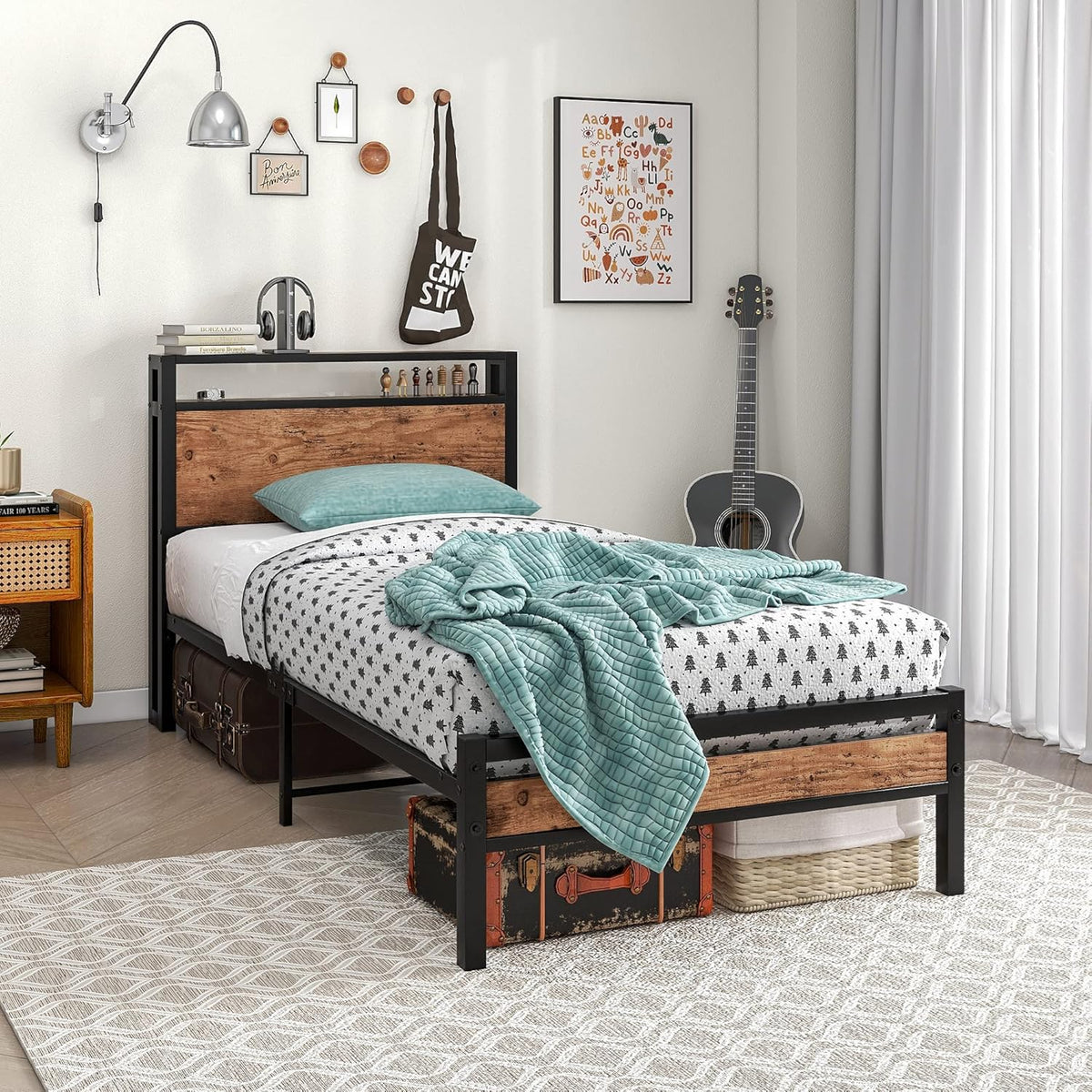 Eenpersoonsbedframe van massief metaal, met houten hoofdeinde, sterk ijzer, platformbedframe, eenpersoonsbed, geen boxspringbed nodig, matrasfundering, opslag onder het bed