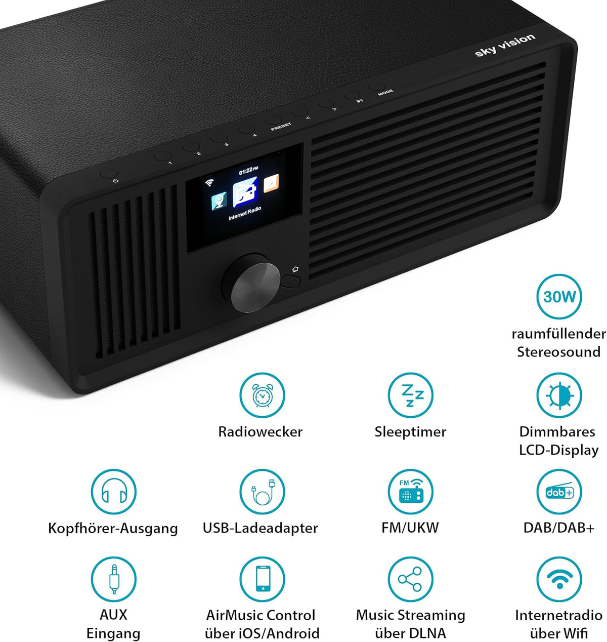 Sky Vision DAB 70 - Stereo DAB+ Internetradio (FM, Wifi, Met AUX-Aansluiting Plus Kabel, Digitale Radio-Wekker, Met Afstandsbediening), Zwart