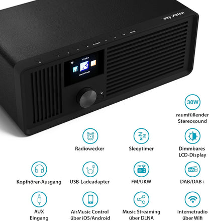 Sky Vision DAB 70 - Stereo DAB+ Internetradio (FM, Wifi, Met AUX-Aansluiting Plus Kabel, Digitale Radio-Wekker, Met Afstandsbediening), Zwart