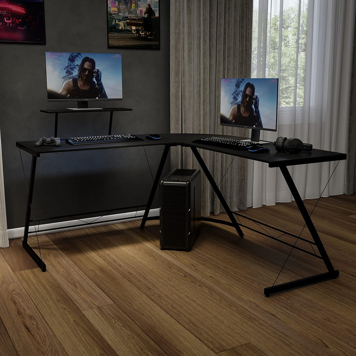 Flash Furniture Hoekbureau - zwart/zwart ruimtebesparend L-vormig gamingbureau met monitorplank - 72' 2-laags computerbureau, thuiskantoor hoekbureau, eenvoudig te monteren