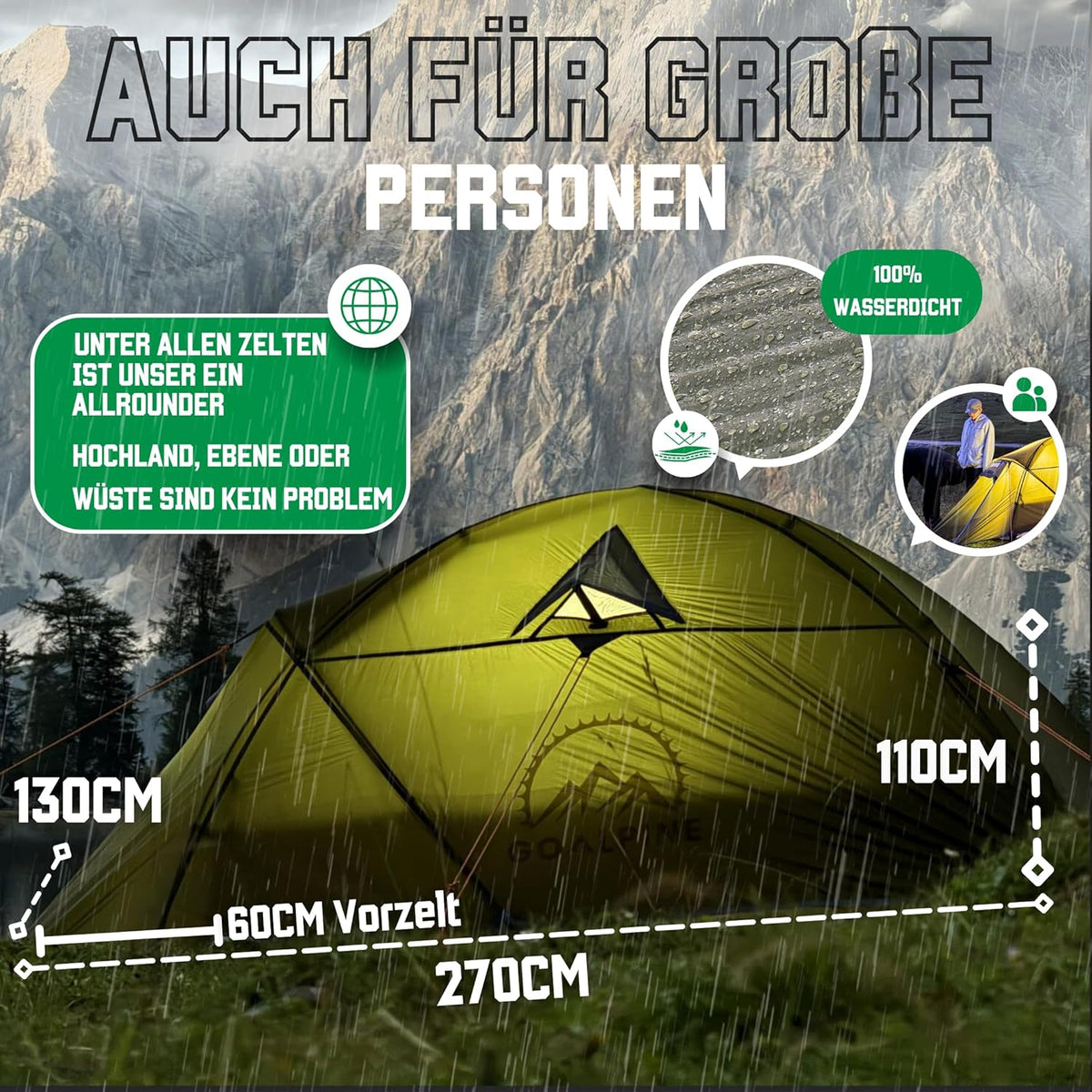 GOALPINE® ESKAPADE II Tent voor 2 grote personen, waterdicht, 4000 mm, kleine verpakkingsmaat, voor wandelen, bergtochten en bikepacking, ultralicht, 3 seizoenen, snelle opbouw