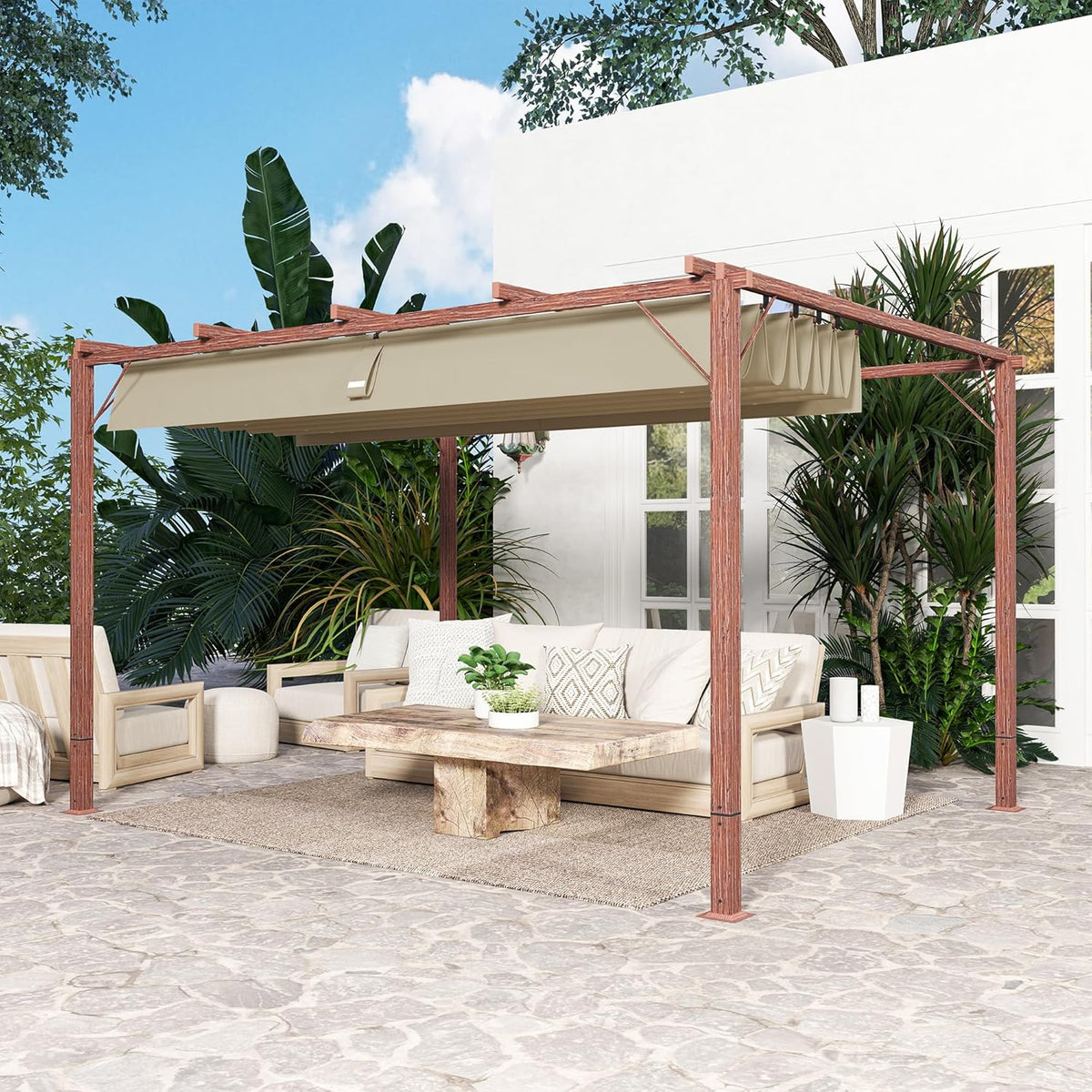 Outsunny Pergola approx. 3x4m Garten Pavillon mit magnetischen Pad, Terrassendachung aus Aluminium, Gartenpavillon mit verstellbares Dach, Freistehend, UV Schutz 30+, für Terrasse und Garten, - QUORE