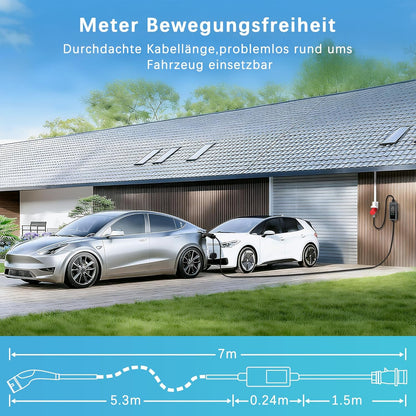 Mobile Wallbox 11 kW type 2 oplaadkabel met instelbaar laadvermogen [6,9 m | 3-fasen | 8-16A IP67], CEE 16A, EV oplader voor model Y/3 ID.3/4/5 MG4 EX30 e-up