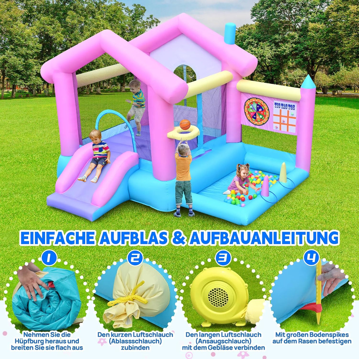 Springkasteel groot met glijbaan en basketbalmand, springkasteel voor kinderen van 3-10 jaar, springkasteel met ventilator, voor binnen en buiten