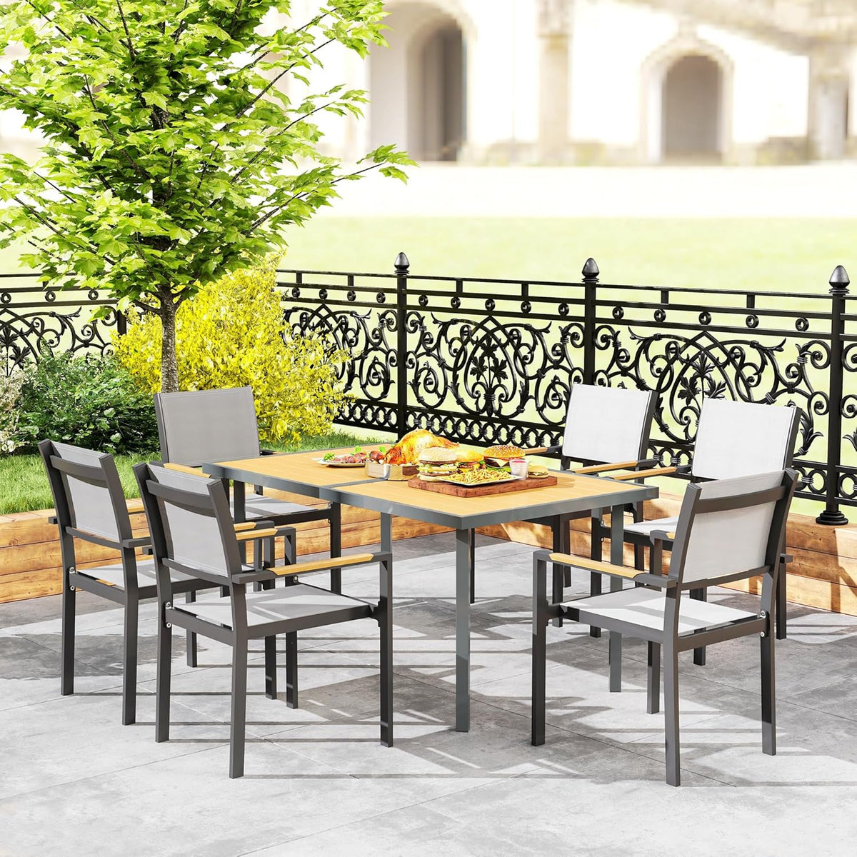 Outsunny Dining Table for 6 People, Garden Table with Rectangular Tabletop in Wood Look, Stainless Steel, for Patio, 150 x 90 x 72 cm, Natural Wood