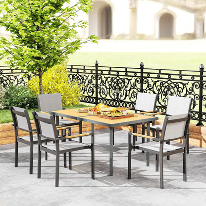 Outsunny Dining Table for 6 People, Garden Table with Rectangular Tabletop in Wood Look, Stainless Steel, for Patio, 150 x 90 x 72 cm, Natural Wood