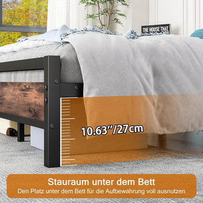Bedframe 160x200 van metaal en hout, metalen bed met lattenbodem, logeerbed, tienerbed, tweepersoonsbed 160x200 cm met hoofdeinde, metaal bed, bruin en zwart