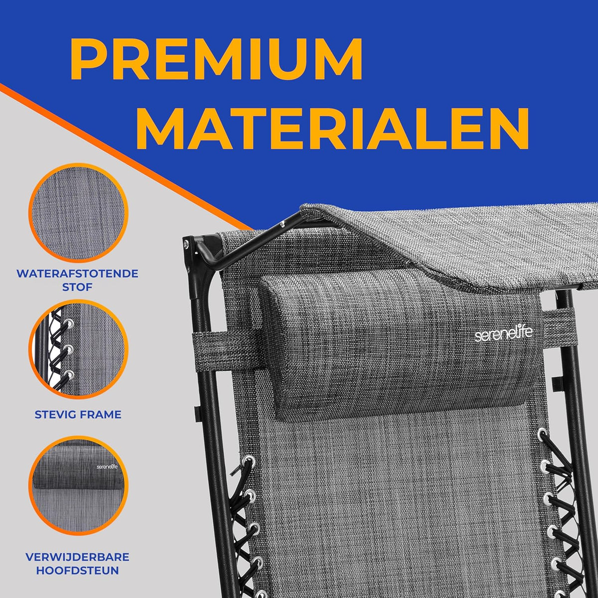 Serenelife Ligstoel, Set van 2 Ligstoelen - Verstelbare Tuinligstoelen met Zonnescherm,Zijtafel,Bekerhouders, Afneembare Kussens - Opvouwbare en Draagbare Loungestoelen voor Terras,Tuin,Strand - Grijs