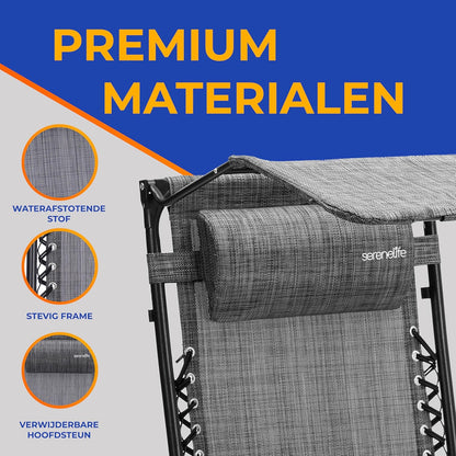 Serenelife Ligstoel, Set van 2 Ligstoelen - Verstelbare Tuinligstoelen met Zonnescherm,Zijtafel,Bekerhouders, Afneembare Kussens - Opvouwbare en Draagbare Loungestoelen voor Terras,Tuin,Strand - Grijs
