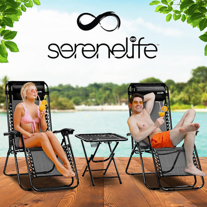 Serenelife Sun Lounger, Set of 2 Sun Loungers - Adjustable Garden Loungers with Side Table, 2 Cup Holders and Removable Cushions - Foldable and Portable Lounge Chairs for Terrace, Garden, Beach - Grey - QUORE