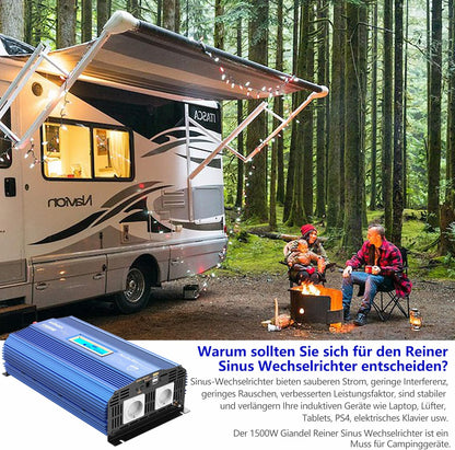 1500 W 12 V naar 230 V zuivere sinusomvormer met 2 AC-stopcontacten, 2 x 2,4 A, USB-poorten, afstandsbediening en lcd-display voor camper GIANDEL
