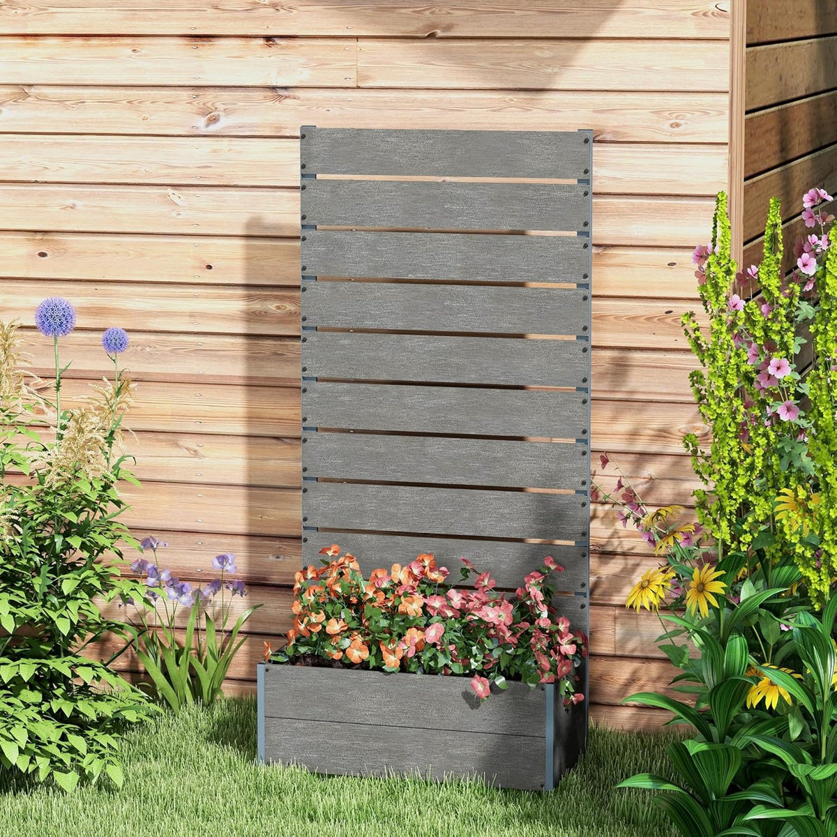 Outsunny Garden Planter with Trellis for Climbing Plants Vine Flowers Freestanding Raised Bed for Garden Outdoor Patio Planter with Drain Grit, 72x38x150cm, Dark Grey - QUORE