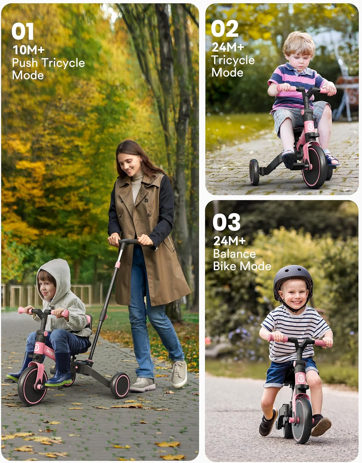 besrey Kinderfiets met oudergestuurde duwstang voor meisjes en jongens van 1-3 jaar, opvouwbare kinderdriewieler, driewieler met afneembare pedalen, in hoogte verstelbare zitting