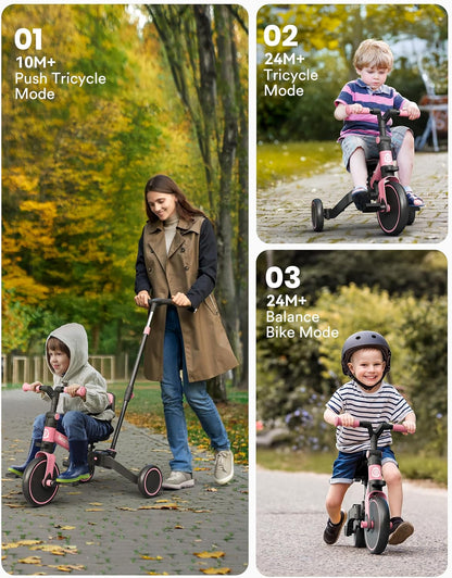 besrey Kinderfiets met oudergestuurde duwstang voor meisjes en jongens van 1-3 jaar, opvouwbare kinderdriewieler, driewieler met afneembare pedalen, in hoogte verstelbare zitting