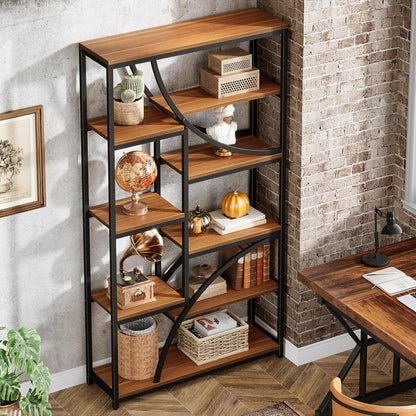 Tribesigns Bookcase, 180 cm, 9 Tier Shelf, Large Geometric Bookcase with Open Compartments, Free Standing Wood and Metal Shelf for Living Room, Industrial Design, Brown and Black