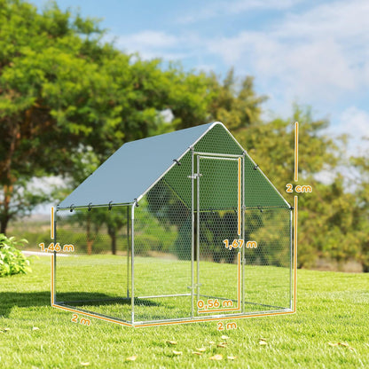 PawHut chicken coop 2x2x2m with access, galvanised steel, weatherproof UV roof, lockable door, chicken coop for rabbits, ducks, geese, silver - QUORE