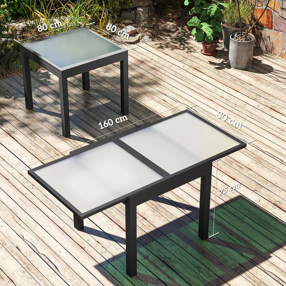 Outsunny Gartentisch ausziehbar Aluminium 160x80cm Wetterfest Buffettisch mit Aluminiumrahmen, rutschfest Campingtisch für 4-6 Persons Balcony für Outdoor Garten Terrasse Balcony Schwarz