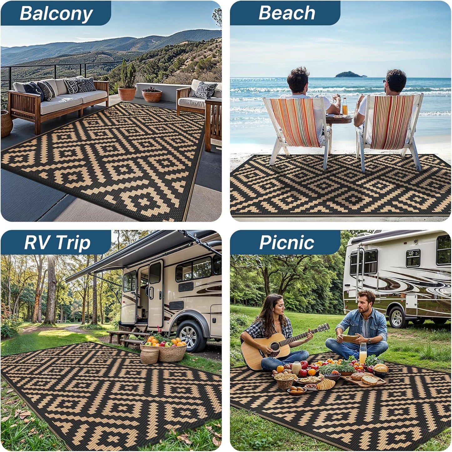 GENIMO Tapijten Voor Buiten Waterdicht Omkeerbaar Tapijt Camper, Balkon, Patio, Terras, 275x550cm, Ruit Zwart en Bruin