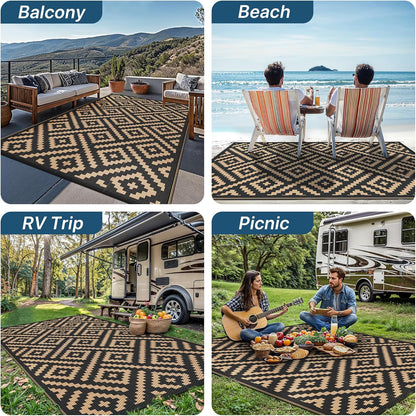 GENIMO Tapijten Voor Buiten Waterdicht Omkeerbaar Tapijt Camper, Balkon, Patio, Terras, 275x550cm, Ruit Zwart en Bruin