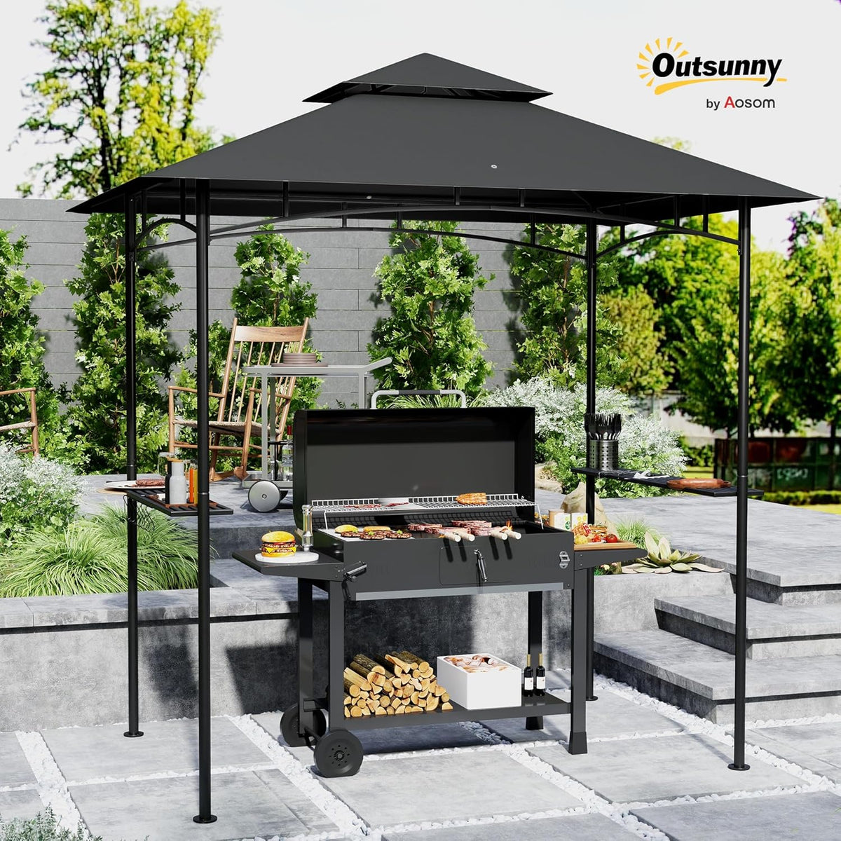 Grillpaviljoen – Barbecue Overkapping – BBQ Shelter – Tuinpaviljoen – Partytent – Waterafstotend & Vlamvertragend – Dubbellaags Dak met LED Verlichting 240x150x258 cm