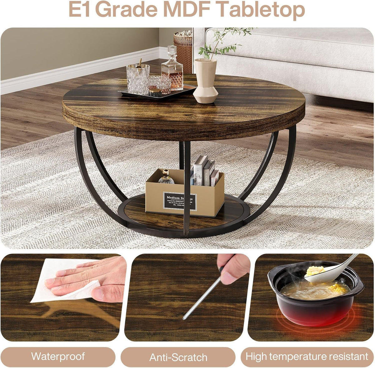 Tribesigns Round Coffee Table, Industrial 2 Tier Circle Coffee Table with Storage Shelves, Modern Wooden Accent Center Table Sofa Side Table for Living Room, Rustic Brown and Black