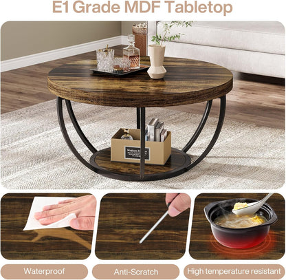 Tribesigns Round Coffee Table, Industrial 2 Tier Circle Coffee Table with Storage Shelves, Modern Wooden Accent Center Table Sofa Side Table for Living Room, Rustic Brown and Black