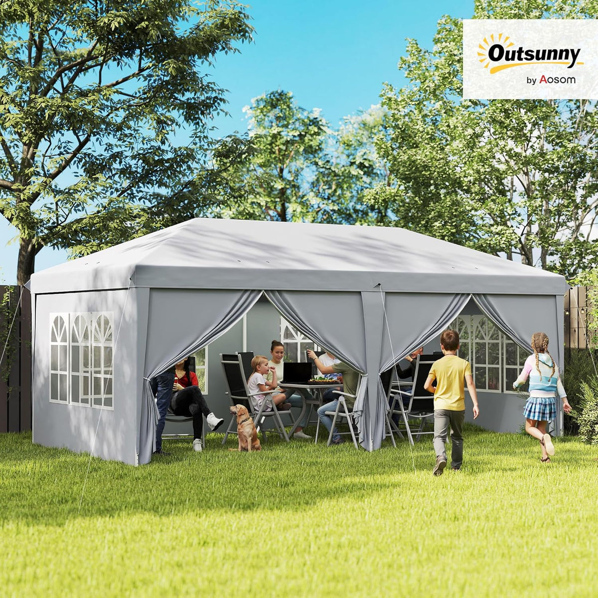 Outsunny Garden Gazebo Foldable 6 x 3 m Outdoor Gazebo Foldable Waterproof 4 Removable Side Walls 4 Windows + Carry Bag Light Grey