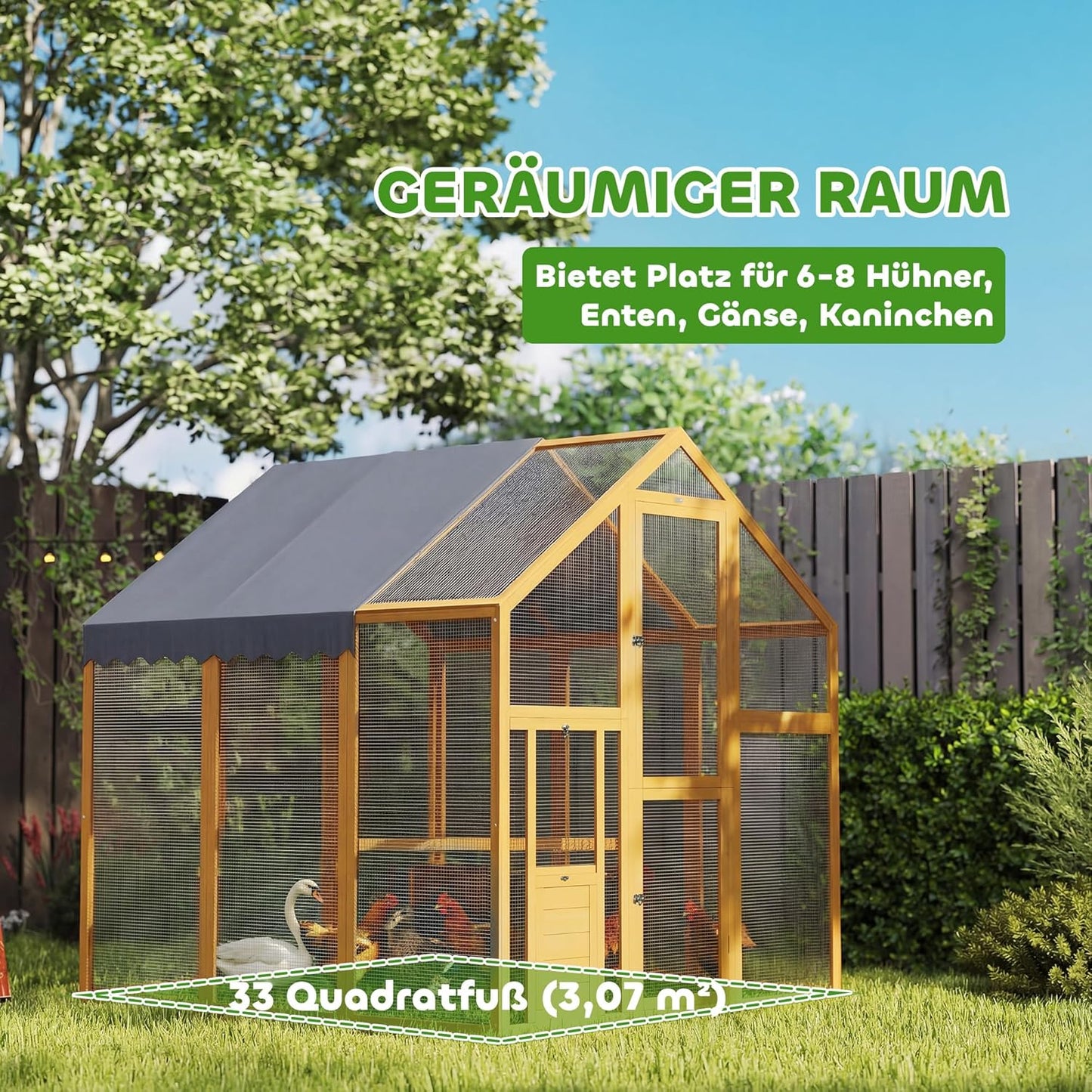 PawHut Chicken Coop 3.07㎡ 1.7 x 1.8 x 1.8m Outdoor Enclosure Wood with Waterproof Cover, Security Lock, Double Door, 2 Laying Nests, 2 Perches, Suitable for 6-8 Chickens, Ducks, Geese, Rabbits - QUORE