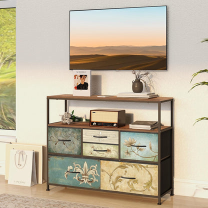 VEDECASA Kommode met 6 stoffen laden, Boheemse kaptafel, TV-standaard voor slaapkamer, dressoir met houten plaat, stoffen laden, metalen frame voor woonkamer, slaapkamer, hal